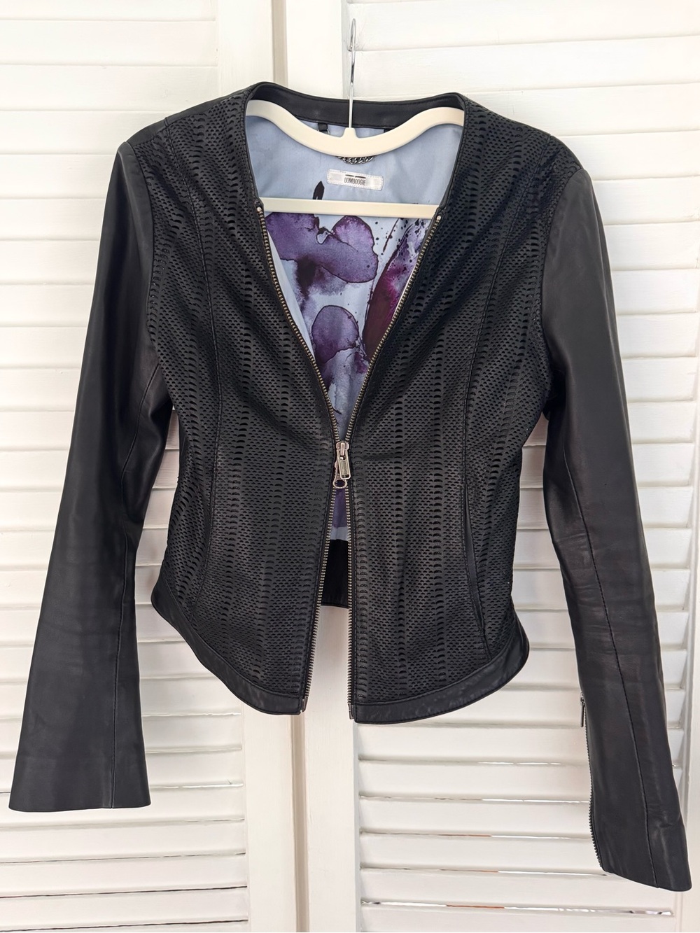 Bomboogie Genuine Leather Laser-Cut Zip Front Jacket - Black